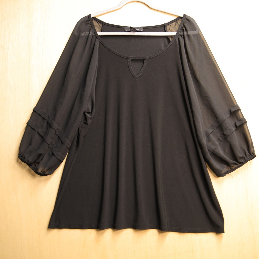 Adele & May Black Sheer Mesh Sleeve Keyhole Blouse Plus Size 2X